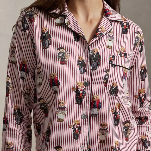 $198 Women's Ralph Lauren Polo Bear Cotton Sateen Red Pajamas 2-pc Gift Bag Set
